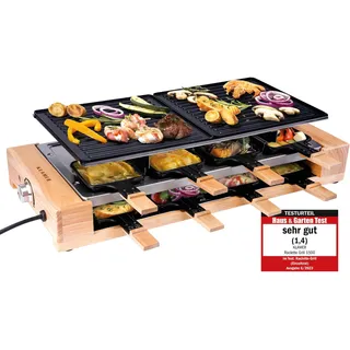KLAMER Raclette Grill für 8 Personen mit Holzgestell und ILAG Beschichtung | Wechselbare Platten mit glatter und gerippter Seite. Grillt Fleisch, Fisch, Gemüse und Käse gleichmäßig. Mit extra Parkdeck