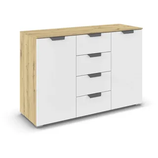 Rauch Möbel Aditio, Kommode für Schlafzimmer, Wohnzimmer, Kinderzimmer, Flur, 2-türig, 4 Schubladen, Soft-Close-Funktion, Sideboard im modernen Look, Farbe Weiß/Eiche Artisan, Holz, Breite 120 cm