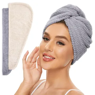 SimpleField Mikrofaser-Handtuch für Frauen – 2 Stück schnell trocknender Haarturban für nasses Haar, saugfähig, Anti-Frizz Haarpflegezubehör (Beige + Grau)