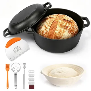 Heimlyn Gusseisen Topf 26cm Brot Backen, Dutch Oven für Brotbacken, 2-in-1 Brotbacktopf mit Pfanne Deckel, Brotbackform mit Banneton Brot Gärkorb Sauerteig Brotbacken Zubehör