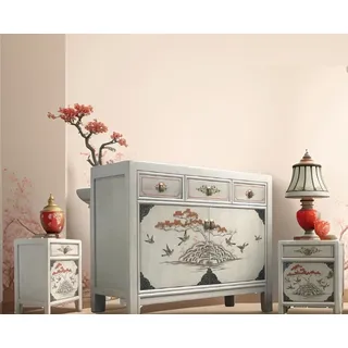 Chinesische Asia Möbel-Kombination Vintage hellgrau-beige Sideboard Kommode Schrank Hochzeitsschrank, 2 Nachttische Nachtkonsolen Nachtschränke shabby