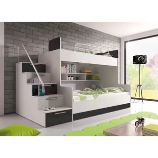 Etagenbett TOMI 2 , Doppelstockbett Hochglanz Kinderbett Hochbett , MIT Matratze und Lattenrost (Weiss / Schwarz, Treppenseite: LINKS) - Schwarz