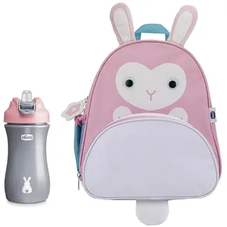 Chicco Hasen-Rucksack und Pop-Up-Becher-Set, praktisches Set bestehend aus rosa Hasen-Rucksack und rosa 350 ml Pop-Up-Becher, Trinklernbecher für Kinder, 2 Jahre +
