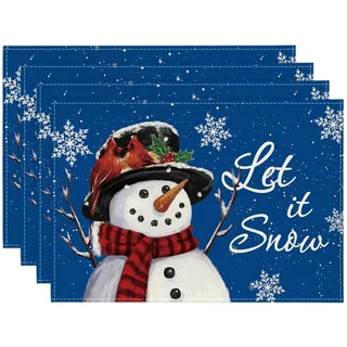 Artoid Mode Blau Schneemann Baumzweige Lass Es Schneien Weihnachten Platzsets 4er Set, 30x45cm Winter Tischset Platzdeckchen Küche Party Deko