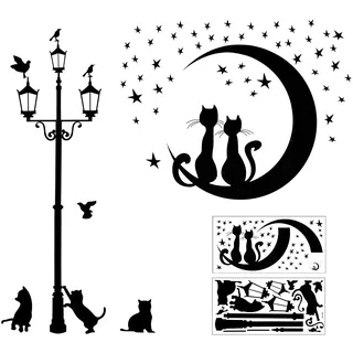 2 Stück Schwarz Wandtattoo Katzen Selbstklebend Set für Wanddeko, Straßenlampe Stern Katze Wandsticker Wandaufkleber Kleben Aufkleber Wandbilder für Wohnzimmer Schlafzimmer Kinderzimmer Flur Fenster