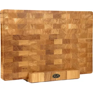 B4K® Schneidebrett mit Ständer aus Eiche Stirnholz 45 × 30 × 4 cm – Massiver Hackblock | Antibakterielles Hirnholzbrett mit Griffen & Silikonfüßen | Perfekt für Küche, Fleisch & BBQ