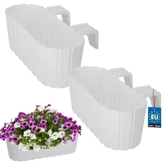 KOTARBAU® Blumenkasten für Balkon 40x15x15 cm, Balkonkasten mit Halterung | Blumenkasten für Balkongeländer, Balkon Pflanzkasten oval, Balkon Deko, Balkonkästen aus Kunststoff, Weiß, 2er Set