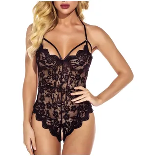 Damen Spitze Body Sexy Reizwäsche Corsage Unterwäsche Curvy Bodysuit Teddy One Piece Dessous V-Ausschnitt Spaghettiträger Durchbrochene Spitze für Valentinstag Weihnachten Jubiläum (Schwarz, L)