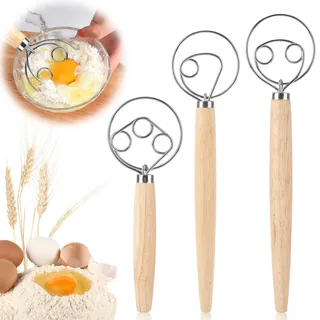 3 Stück Dänischer Teigbesen, Dänischer Schneebesen, Eierschläger mit Holzgriff, Brotteigmischer mit Doppellöchern zum Backen von Brot, Teig, Kuchen, Gebäck, Pizzateig