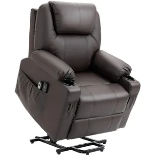 Homcom Fernsehsessel mit Aufstehhilfe Relaxsessel mit Massagefunktion, Liegefunktion, Ruhesessel mit Becherhalter, Fernbedienung und Seitentasche, Braun Kunststoff, 99x106x88 cm, Wohnzimmer, Sessel, Polstersessel