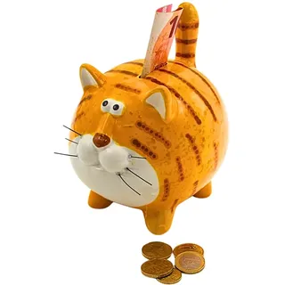 Dekohelden24 Spardose Katze, Katzenspardose, Kindersparbüchse Katze, Sparschwein Katze, Sparfigur, Kinderspardose, Spartier, Sparkatze, Dekokatze mit Sparfunktion aus Keramik in ockerfarben, L/B/H 12 x 14 x 17 cm.