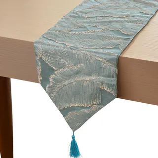 DRW Tischläufer aus Polyester mit Blättern in Blau und Braun, 30 x 1 x 180 cm