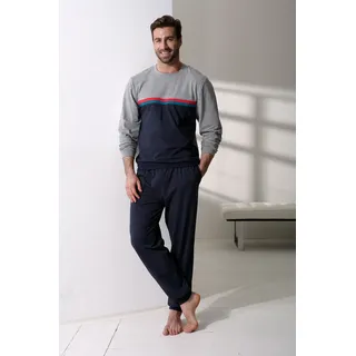 Pyjama LE JOGGER, Herren, Gr. 48/50 (M), bunt (grau, meliert, blau), Jersey, Obermaterial: 100% Baumwolle, unifarben, Basic, bequem lang, Rundhals, angesetztes Bündchen, Homewear-Sets Pyjama, Schlafanzug in langer Form mit kontrastfarbenen Streifen, Topseller