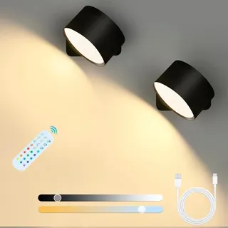 Wenosda Led Wandleuchte Kabellos 2 Stück,Wandlampe Innen mit Akku, 10 Helligkeitsstufen Dimmbar, 3 Farbmodi Nachttischlampe, 360° Drehbarer Magnetismus Wandleuchte Für Kinder Wohnzimmer Schlafzimmer