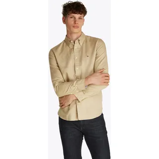 Langarmhemd TOMMY HILFIGER "LINEN BLEND SOLID Regular Fit SHIRT", Herren, Gr. XL, N-Gr, grün (sandalwood), Web, Obermaterial: 52% Baumwolle, 48% Leinen, unifarben, regular fit hüftlang, Rundhals, mit Knopf,Ärmel mit Ärmelschlitz 1-Knopf-Manschette, Hemden Langarmhemd, mit Button-down-Kragen