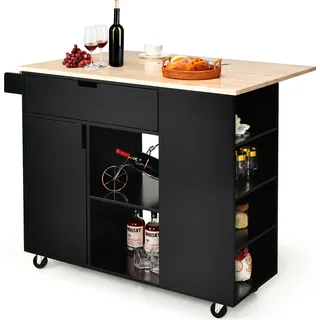COSTWAY Küchenwagen mit ausziehbarer Arbeitsfläche, Servierwagen auf Rollen, Kücheninselwagen Holz, Küchenschrank mit Ablagen & Schublade & Gewürzregal, Küchentrolley für Küche Esszimmer (Schwarz) - Schwarz