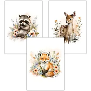 WBdesignz Kinderzimmer 3 Bilder Set Tiere Babyzimmer Deko Fuchs Reh Waschbär Poster für Kinder (ohne Rahmen)