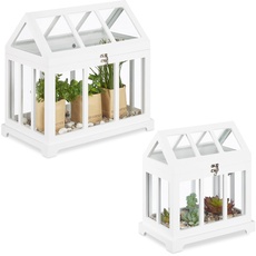 Relaxdays Mini Gewächhaus, 2er Set, für die Fensterbank, Indoor Treibhaus, Glas und MDF, Kräuter, Blumen, 2 Größen, weiß, 37 x 37.5 x 24 cm