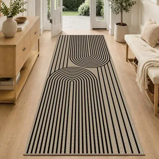VSIWB Teppich Läufer Flur 80x200 cm Jute Aussehen Küchenteppich Waschbarer | Rutschfest Kurzflor Küchenläufer Schwarze Outdoor Teppiche für Küche, Wohnzimmer, Schlafzimmer, Diele, Eingang, Balkon