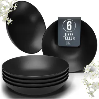 Steingut Geschirrset 6-tlg. Suppenteller 6 Personen Manhattan TESTSIEGER, Cooles Urbanes Steingut Tiefe Teller Set, Pasta Teller Tief Groß - Pure Living in matt Schwarz