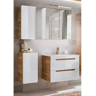 Badmöbel Set in weiß Hochglanz mit Wotan Eiche Nb. LUTON-56 Keramik-Waschtisch und LED-Spiegelschrank B/H/T ca. 131/195/46 cm - Weiß