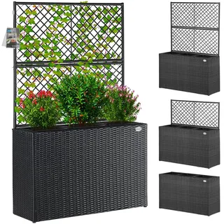 CASARIA Blumenkasten Rankgitter Schwarz | Rankhilfe Blumentopf Rattanoptik Pflanzkasten, 146x83x30,5cm, 3x 25x25x20cm, Polyrattan, Geländerkasten Geländertopf