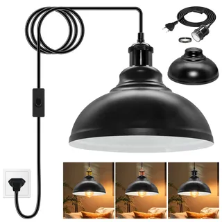 Industrielle Hängelampe mit Stecker, 500CM Vintage Hängeleuchte mit Schalter, Pendelleuchte Kit mit 25x13CM Black Metall Lampenschirm, Perlenschwarz Kupfer E27 Lampefassung, für Loft, Ohne Glühbirne