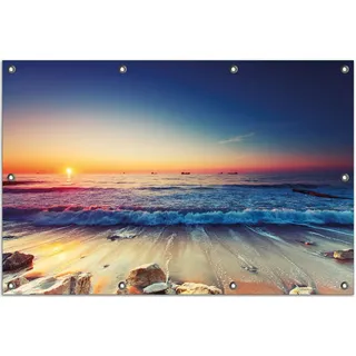 Wallario Outdoor-Poster für Garten oder Balkon, Motiv Sonnenuntergang am Meer mit Wellen am Strand, in ca. 80 x 120 cm - Blau