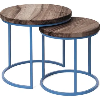 LAMO Manufaktur Couchtisch rund 2er Set - Beistelltisch Holz - Wohnzimmertisch rund, Kaffeetisch, Sofatisch modern, Holztisch für Wohnzimmer, Schlafzimmer- Farbe: Ebenholz, Beine: Blau
