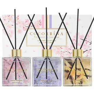 COCORRÍNA Raumduft Reed Diffuser - 3 x 90ml mit 24 Duftstäbchen Kirschblüte/Warme Vanille/Lavendel Thymian, Natürlich, Langanhaltend, Home Duft Zimmerduft für Badezimmer Regal Dekoration