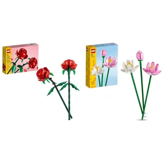 LEGO Creator Rosen & Creator Lotusblumen, Blumenstrauß-Set mit 3 künstliche Blumen, Schlafzimmer- oder Schreibtisch-Deko, Jugendliche Mädchen und Jungen, Sie und Ihn 40647