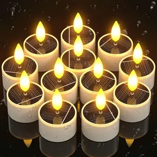 PChero 12er Set Solar Teelichter für Außen, LED Flackernd Solar Kerzen Outdoor Wasserdicht, Aufladbare Teelichter Solarkerzen mit Dusk to Dawn Sensor für Garten Terrassen Balkon Laterne Grab Deko