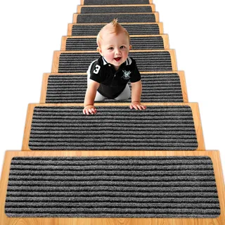 Spurtar Treppenstufen Matten, 20 cm X 76 cm, 15er Set Treppenteppich Selbstklebend Streifen Stufenmatten Innen Stufenteppich für Verschiedene Arten von Treppen Treppen Teppichstufen, Grau