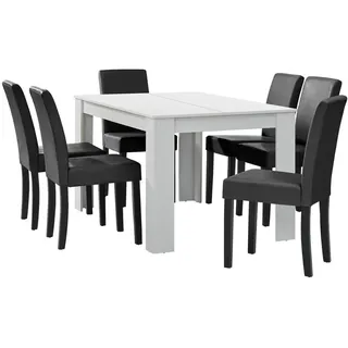 [en.casa] Esstisch weiß matt mit 6 Stühlen dunkelgrau Kunstleder gepolstert 140x90 Essgruppe Esszimmer, - Weiß