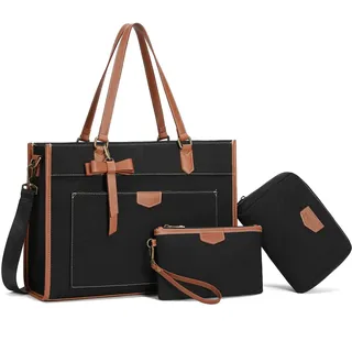 Keyli Laptoptasche für Damen, Segeltuch, Tragetasche, 39,6 cm, großes Fassungsvermögen, Schulterhandtasche, leichte Aktentasche, Geldbörse, 3 Stück, Schwarz, 3 Stück
