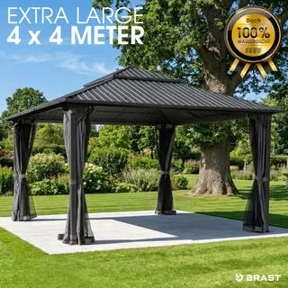 BRAST Pavillon Aluminium Miami | Größen 3x3m 3x4m 4x4m | viele Modelle | Hardtop mit Stahlach | wahlweise mit LEDs | Moskitonetz | Anthrazit | wasserdicht | UV-Schutz | 4x4m