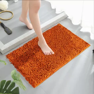 COMPOLICY Badematte 50x80 cm Chenille Orangerot, rutschfeste & Lebhafte Badteppich Groß, Waschbar & Saugfähig Badvorleger, Schnelltrocknend Duschvorleger für Boho Mid-Century Badezimmer