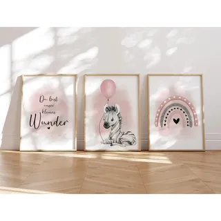 MeinBaby123® I Bilder Kinderzimmer | 3er Set DIN A4 Poster Set | Wandbilder | Kinderzimmer Poster | (Zebra & Luftballon rosa)