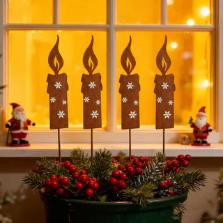 DOMIJOY Rostiges Kerzen Gartenstecker Weihnachten, 4er Set Weihnachtsdeko Roststecker, Rost Licht Metall Wetterfest, Draußen Gartenstecker, Gartendeko Rost Deko Baumstecker