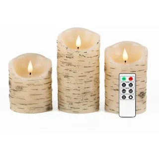 Fanna 3 LED Flammenlose Echtwachs kerzen Birke Design, Batteriekerzen mit Timer für Weihnachten Dekorationen, Fernbedienung und Batterien enthalten - H 10/12,5/ 15cm
