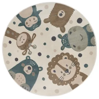 Hanse Home Adventures Kinderteppich Rund - Tiere Muster Löwe Bär Teppich Junge Mädchen für Kinderzimmer, Spielzimmer, Jugendzimmer, Wohnzimmer - Creme Braun Blau, 100cm