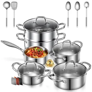 Topfset Edelstahl 3-PLY, 15-tlg Premium Induktions Töpfe Set Induktionsgeeignet für alle Herdarten, mit Dünsteinsatz & 5-Teilig exklusivem Löffelzubehör, unbeschichtet, für Camping und Wohnung