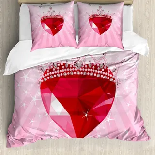ABAKUHAUS Königin Bettbezug Set, Vibrierendes rotes Liebes-Herz mit Prinzessin Crown Cartoon Style Romantic Kindermädchen-Design, 200 x 200 cm + 80 x 80 cm, Pink Rot