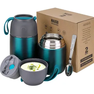 Thermobehälter für Essen 500ml & 700ml Edelstahl Warmhaltebebehälter mit faltbaren Löffel, Speißen, Babynahrung, Suppe, Brei, Joghurt, Thermo Speisgefäß Unterwegs, 2 Isolierbehälter im Set, Grün