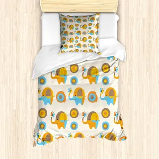 ABAKUHAUS Modern Mantele, Elefant Schmetterling, Milbensicher Allergiker geeignet mit Kissenbezügen, 135 cm x 200 cm - 80 x 80 cm, Orange Taupe Blau - Orange