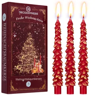 Deco Express Kerzen Set Weihnachten Deko 3er oder 6er Pack Wachs Deko Kerzen im Weihnachtsbaum Motiv 7h Brenndauer Ideal Zum Verschenken (Rot/Gold, 3 Stück)