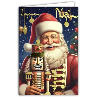 AFIE 61-5832 Karte Frohe Weihnachten mit goldfarbenem Text und weißem Umschlag, Format 12 x 17,5 cm, Weihnachtsmann mit Nussknacker, Soldat aus Holz, hergestellt in Frankreich