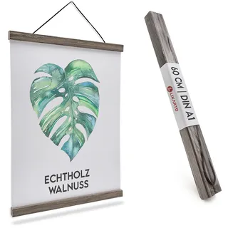 LIKARTO® Posterleiste Holz Walnuss A1, 60 cm, magnetisch, mit Lederband | Echtholz Walnuss, starke Magnete, inkl. Lederband, wiederverwendbar, Alternative zum Bilderrahmen