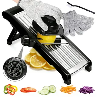 Gemüsehobel Mandoline, Masthome Verstellbar Edelstahl Gemüsehobel, 5-in-1 Gurkenhobel Dünne Scheiben, Multifunktion Gemüseschneider mit 1 Anti-Schneid-Handschuhe,1 Reinigungsbürste