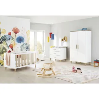 Pinolino Babyzimmer , Weiß, Eichefarben , Holzwerkstoff , 3 Fächer , 3 Schubladen , zum Sitzsofa umbaubar, zum Juniorbett umbaubar, höhenverstellbar, Sprossen mit Normabstand, Aufbauanleitung im Karton, Lattenrost inklusive, Schlupfsprossen , Babymöbel & Kindermöbel, Babyzimmer, Babyzimmer-Serien